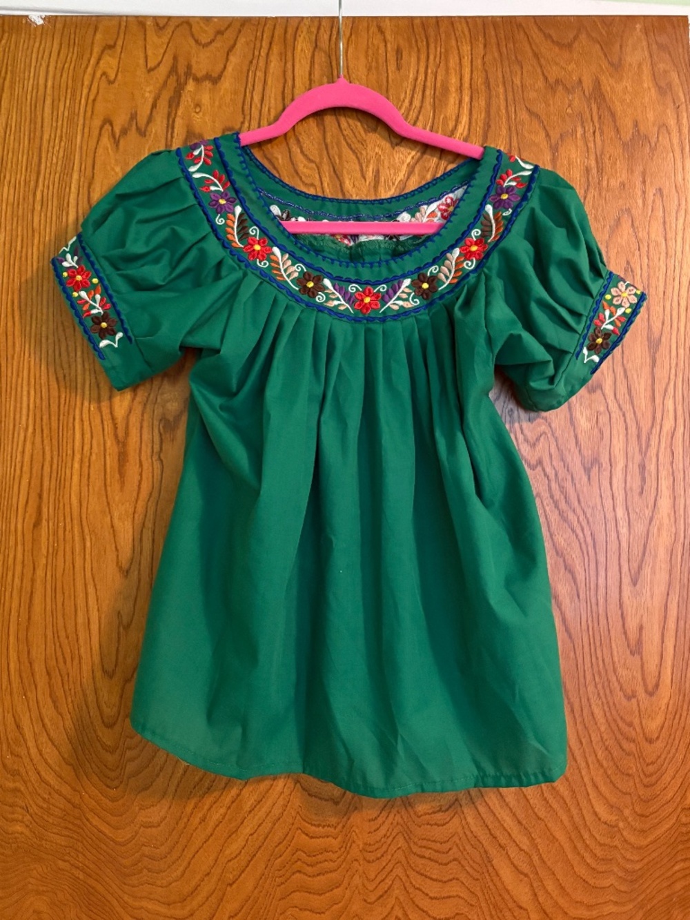 Forest green embroidered Mexican blouse, XS-S